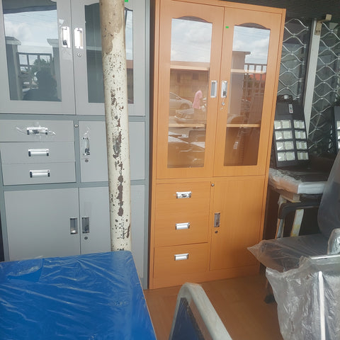 HALF GLASS BROWN CUPBOARD WITH DRAWERS