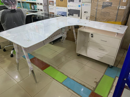 1.6m GLASS TABLE .L SHAPE .WHITE - Joche